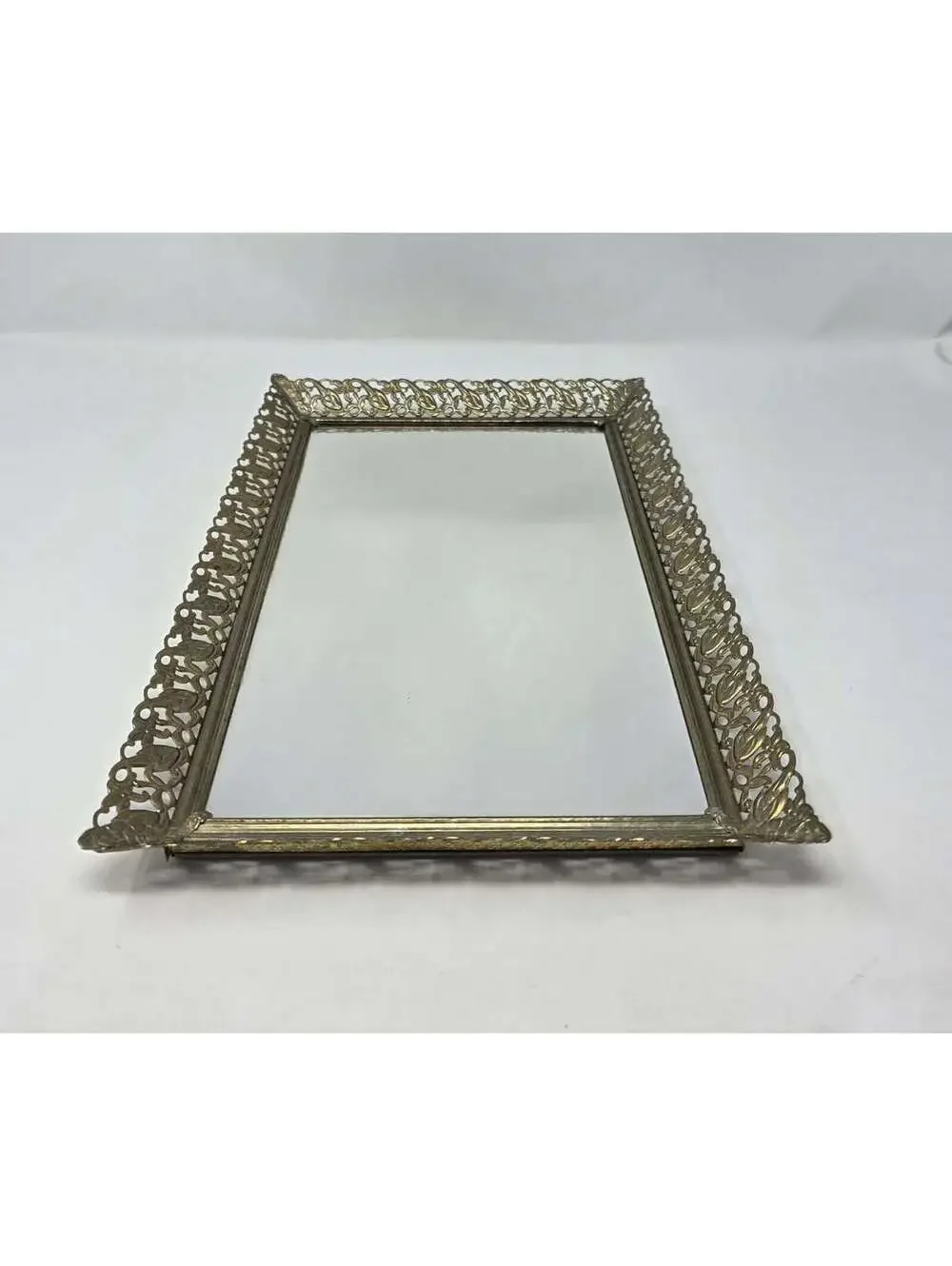 Vintage Mirrored Vanity Tray – Gold Filigree Border – Rectangular